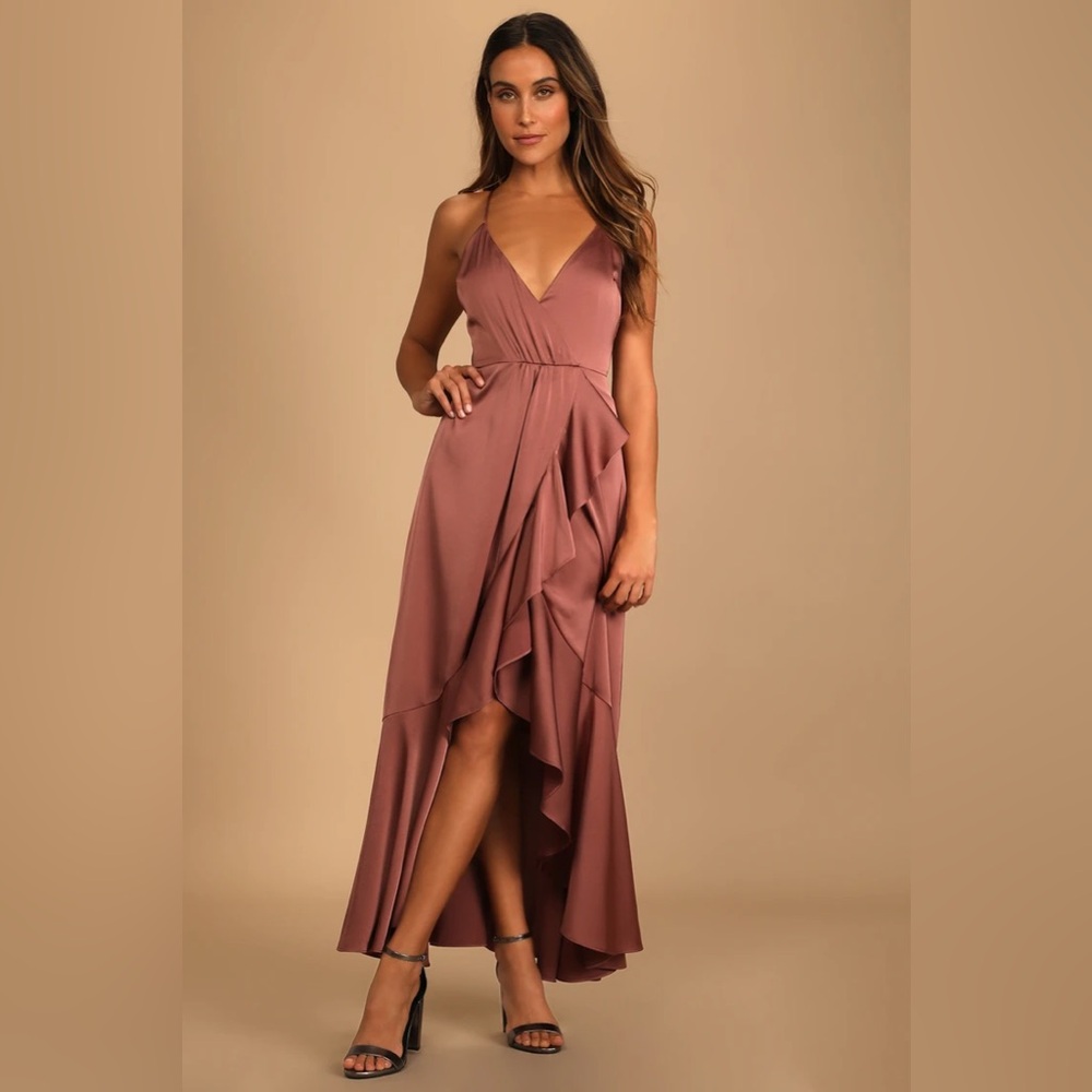 Enchanted Moments Mauve Pink Satin Ruffled High-Low Dress - Bridesmaid Dress